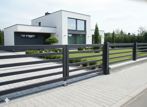 Dieser Schmiedezaun-Küstrin besticht durch seine klaren, waagerechten Profilstreben, die eine moderne Optik schaffen.